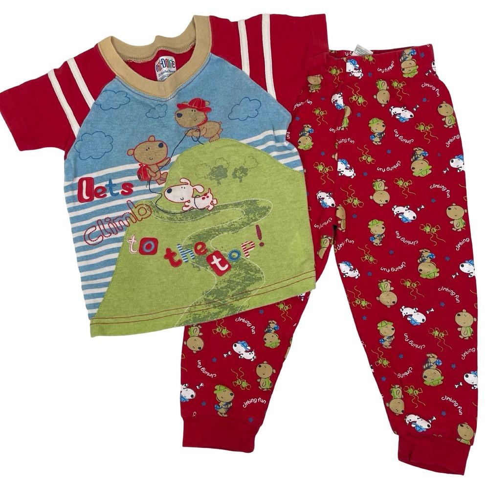 Vintage Okie Dokie Pajamas Set Boys‎ 24M Red Bear Dog Cloud Climbing Fun 90s Y2K